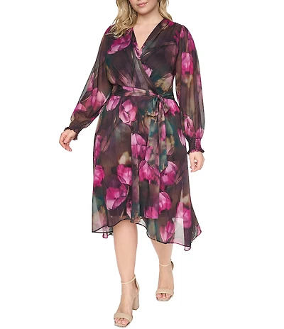 DKNY By Donna Karan Plus Size Floral Print Chiffon Long Balloon Sleeve Surplice Neck Hi-Low Hem Faux Wrap Midi Dress