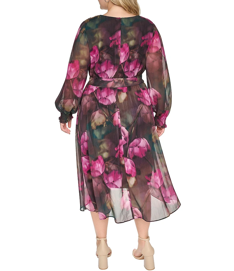 DKNY By Donna Karan Plus Size Floral Print Chiffon Long Balloon Sleeve Surplice Neck Hi-Low Hem Faux Wrap Midi Dress