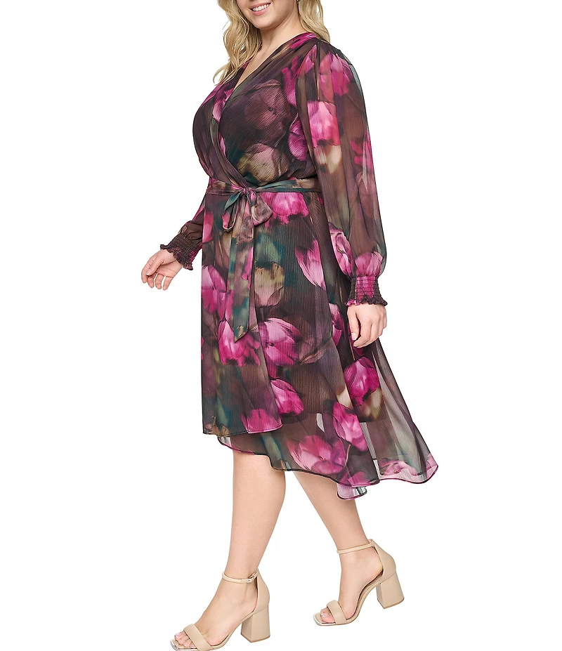 DKNY By Donna Karan Plus Size Floral Print Chiffon Long Balloon Sleeve Surplice Neck Hi-Low Hem Faux Wrap Midi Dress