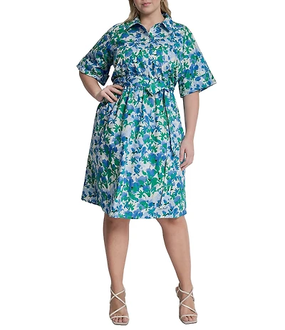 DKNY by Donna Karan Plus Size Floral Short Sleeve Belted Shirtdress