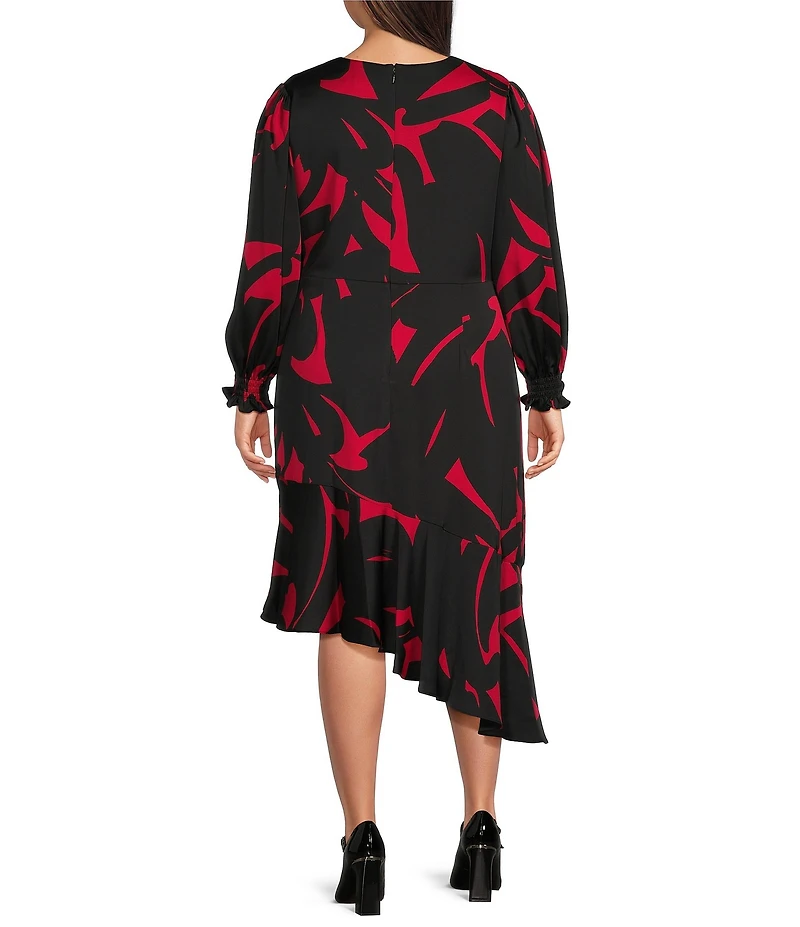 DKNY by Donna Karan Plus Size Floral Surplice V-Neck Long Sleeve Asymmetrical Hemline Dress