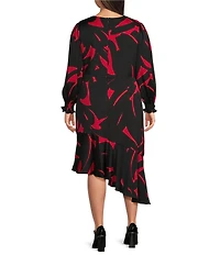 DKNY by Donna Karan Plus Size Floral Surplice V-Neck Long Sleeve Asymmetrical Hemline Dress