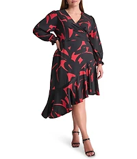 DKNY by Donna Karan Plus Size Floral Surplice V-Neck Long Sleeve Asymmetrical Hemline Dress