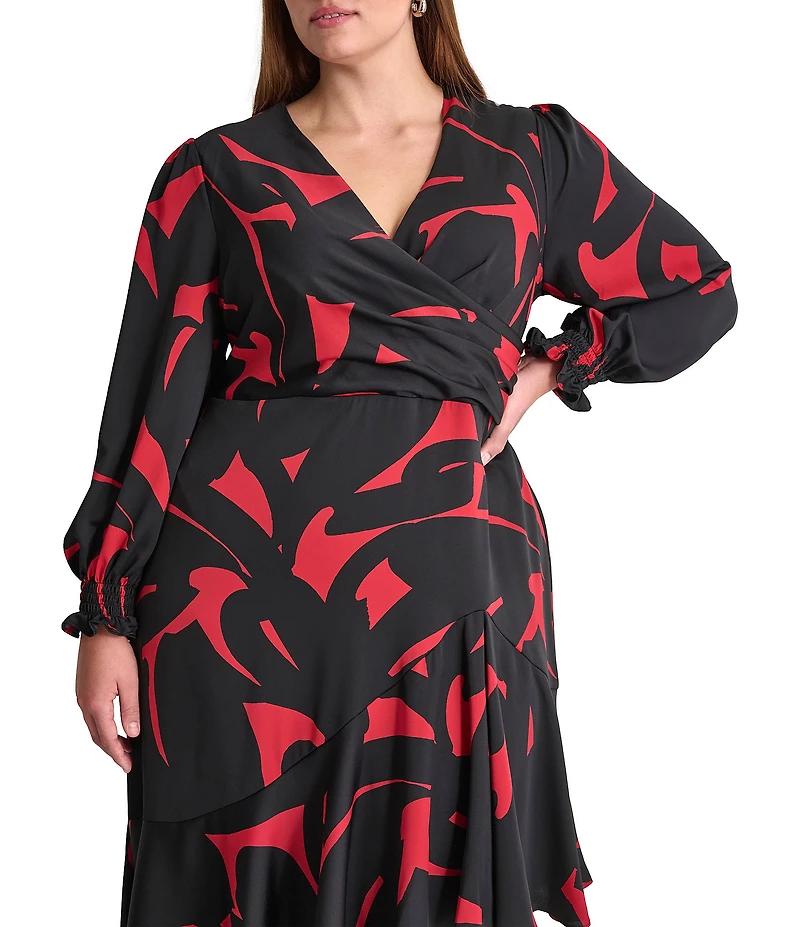 DKNY by Donna Karan Plus Size Floral Surplice V-Neck Long Sleeve Asymmetrical Hemline Dress