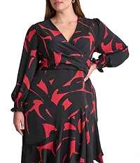 DKNY by Donna Karan Plus Size Floral Surplice V-Neck Long Sleeve Asymmetrical Hemline Dress