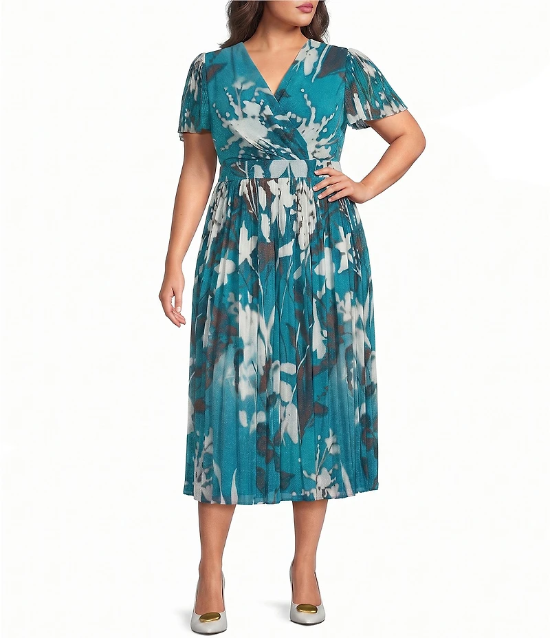 DKNY By Donna Karan Plus Size Flutter Sleeve Floral Print Fit & Flare Midi Dress
