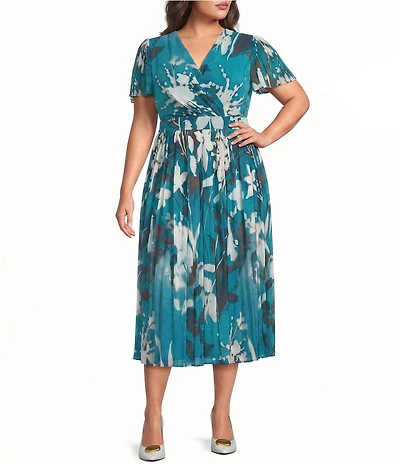 DKNY By Donna Karan Plus Size Flutter Sleeve Floral Print Fit & Flare Midi Dress