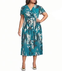 DKNY By Donna Karan Plus Size Flutter Sleeve Floral Print Fit & Flare Midi Dress