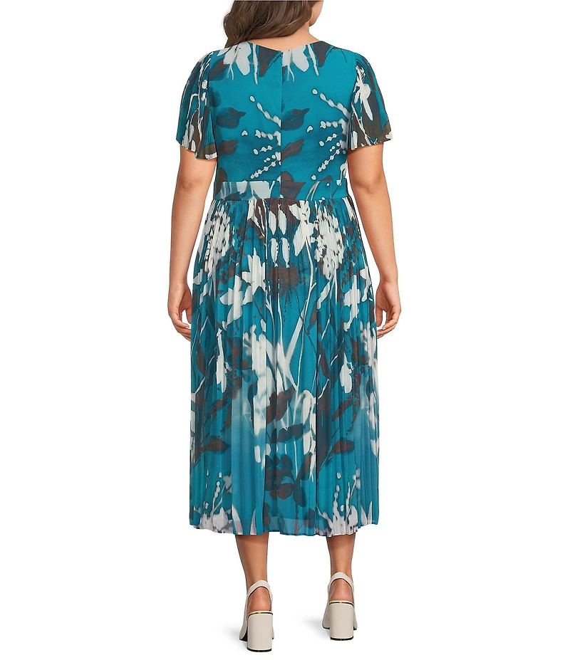 DKNY By Donna Karan Plus Size Flutter Sleeve Floral Print Fit & Flare Midi Dress