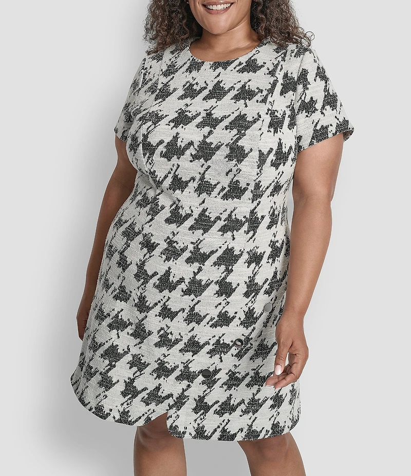 DKNY by Donna Karan Plus Size Houndstooth Print Short Sleeve Sheath Dress