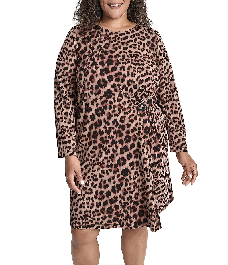 DKNY by Donna Karan Plus Size Jersey Leopard Print Long Sleeve Sheath Dress