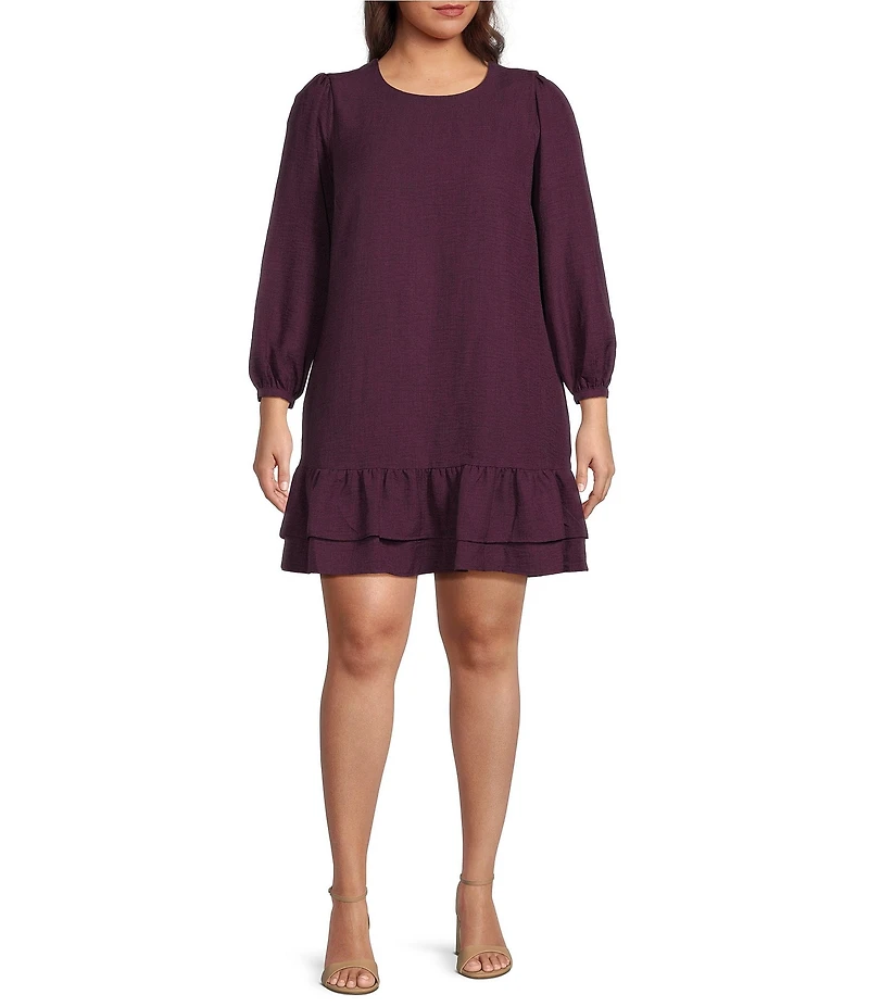DKNY by Donna Karan Plus Size Melange Washer Long Bubble Sleeve Ruffle Hem Dress