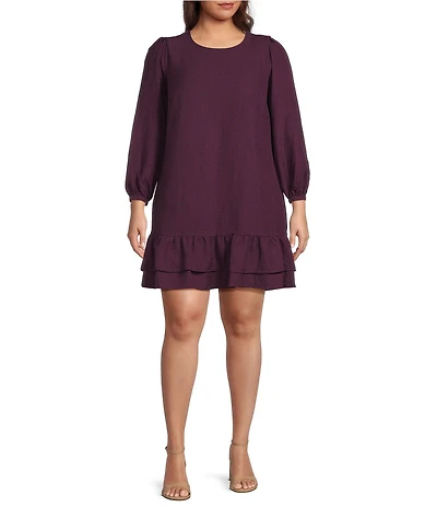 DKNY by Donna Karan Plus Size Melange Washer Long Bubble Sleeve Ruffle Hem Dress