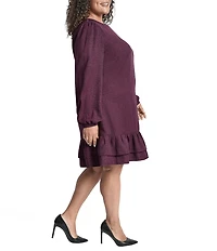 DKNY by Donna Karan Plus Size Melange Washer Long Bubble Sleeve Ruffle Hem Dress