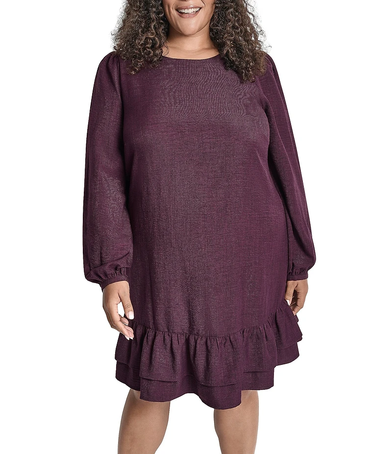 DKNY by Donna Karan Plus Size Melange Washer Long Bubble Sleeve Ruffle Hem Dress