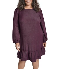 DKNY by Donna Karan Plus Size Melange Washer Long Bubble Sleeve Ruffle Hem Dress