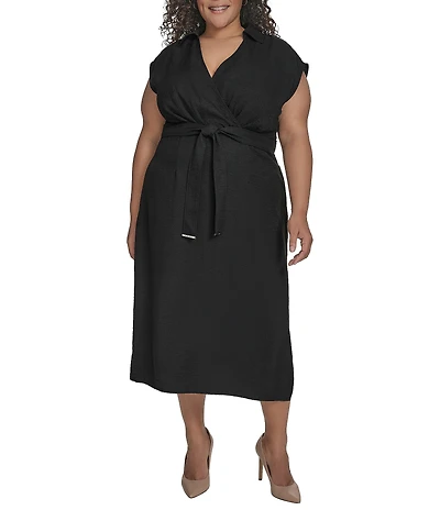 DKNY by Donna Karan Plus Size Melange Washer Surplice Neck Sleeveless Belted Midi Dress