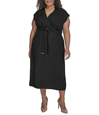 DKNY by Donna Karan Plus Size Melange Washer Surplice Neck Sleeveless Belted Midi Dress