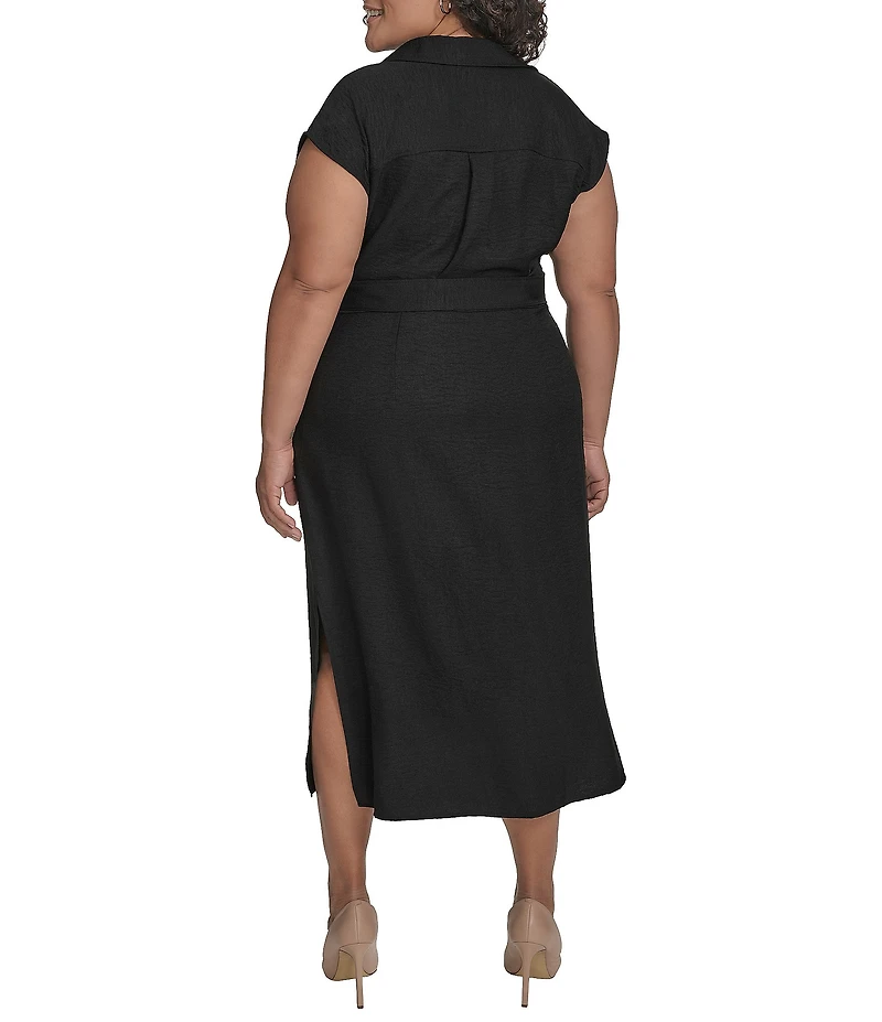 DKNY by Donna Karan Plus Size Melange Washer Surplice Neck Sleeveless Belted Midi Dress