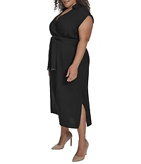 DKNY by Donna Karan Plus Size Melange Washer Surplice Neck Sleeveless Belted Midi Dress