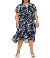 DKNY by Donna Karan Plus Size Palm Print Chiffon Short Flutter Sleeve Fit And Flare Dress