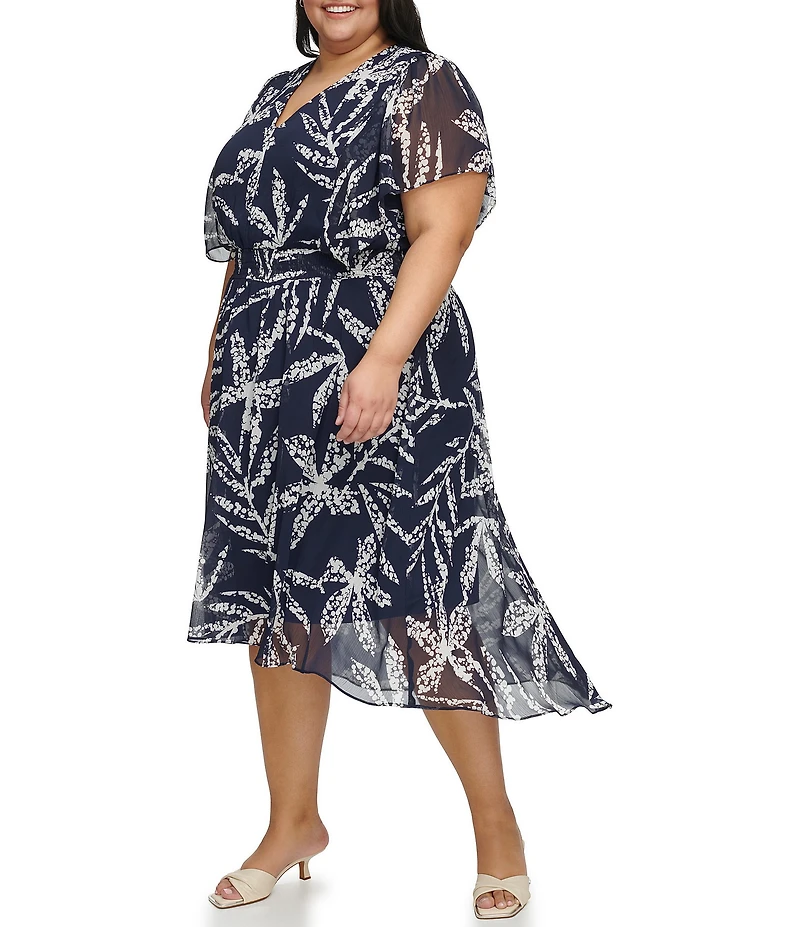 DKNY by Donna Karan Plus Size Palm Print Chiffon Short Flutter Sleeve Fit And Flare Dress