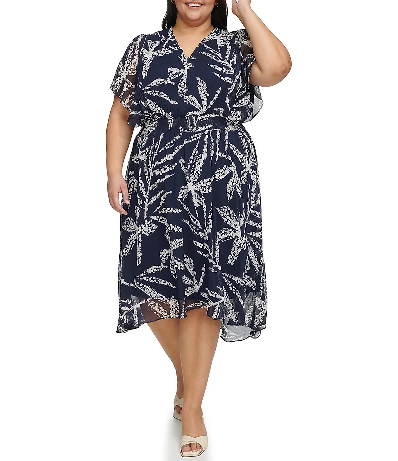 DKNY by Donna Karan Plus Size Palm Print Chiffon Short Flutter Sleeve Fit And Flare Dress