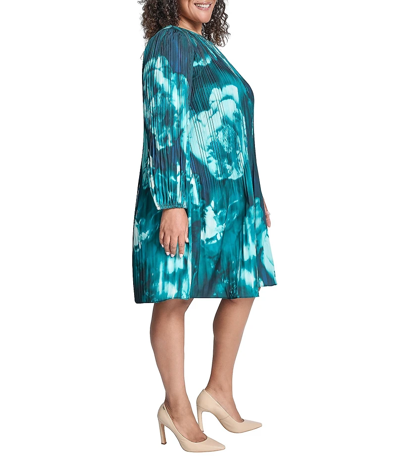 DKNY by Donna Karan Plus Size Printed Charmeuse Round Neck Long Sleeve Pleated Shift Dress