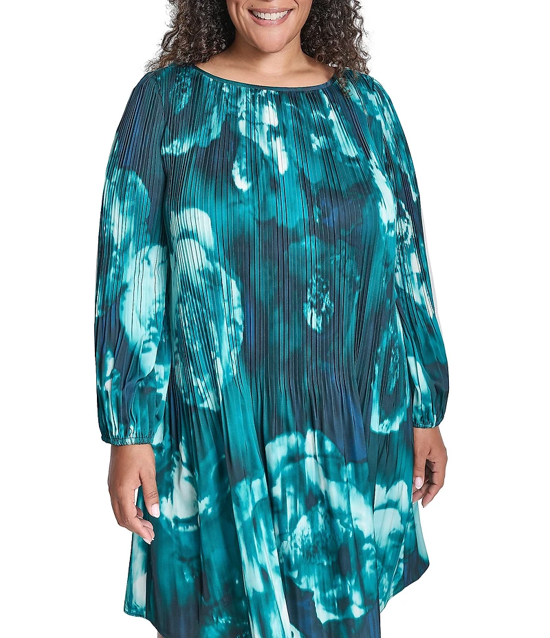 DKNY by Donna Karan Plus Size Printed Charmeuse Round Neck Long Sleeve Pleated Shift Dress