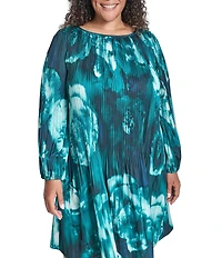 DKNY by Donna Karan Plus Size Printed Charmeuse Round Neck Long Sleeve Pleated Shift Dress