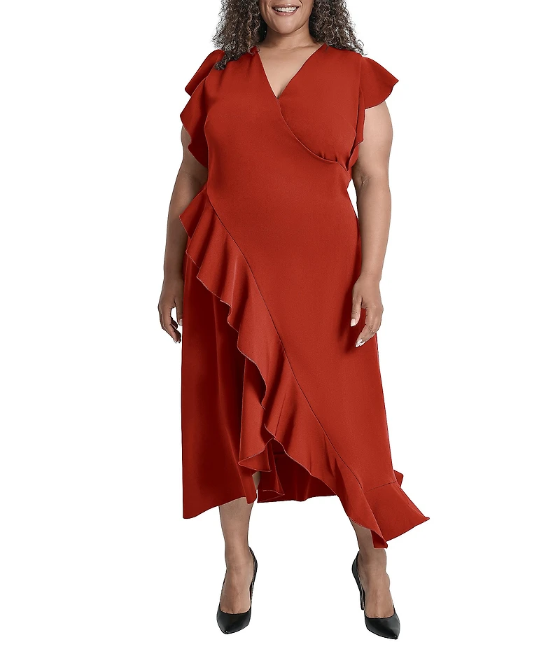 DKNY by Donna Karan Plus Size Salon Stretch Ruffle Cap Sleeve Midi Dress