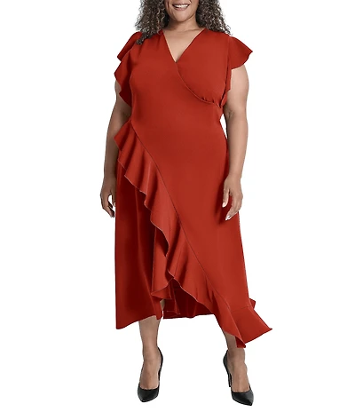 DKNY by Donna Karan Plus Size Salon Stretch Ruffle Cap Sleeve Midi Dress