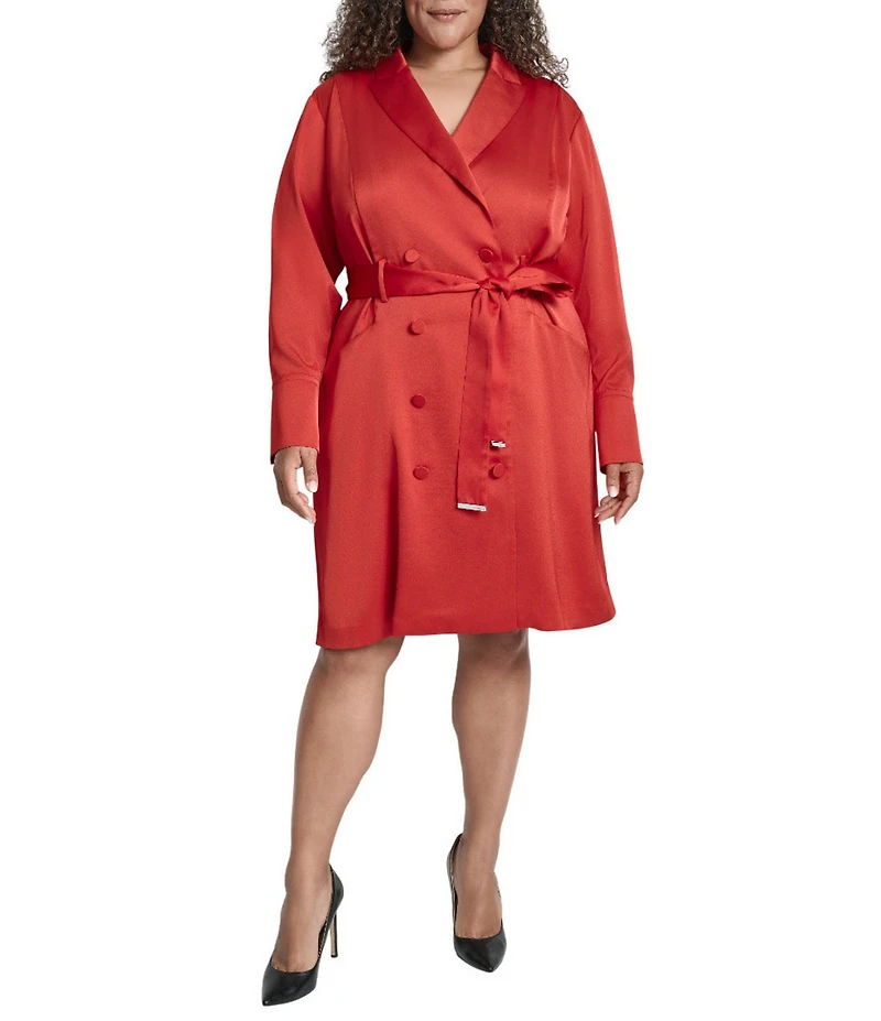 DKNY by Donna Karan Plus Size Satin Crepe V-Neck Long Sleeve Belted Coat Dress