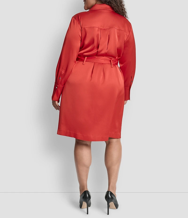 DKNY by Donna Karan Plus Size Satin Crepe V-Neck Long Sleeve Belted Coat Dress