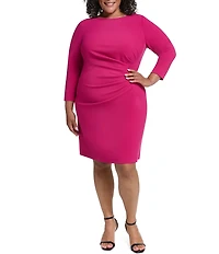 DKNY By Donna Karan Plus Size Scuba Crepe Jewel Neck 3/4 Sleeve Ruched Bodice Dress