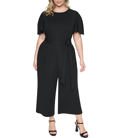 DKNY By Donna Karan Plus Size Scuba Crepe Short Flutter Sleeve Newel Neck Cropped Wide Leg Jumpsuit