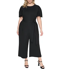 DKNY By Donna Karan Plus Size Scuba Crepe Short Flutter Sleeve Newel Neck Cropped Wide Leg Jumpsuit