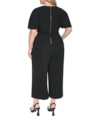 DKNY By Donna Karan Plus Size Scuba Crepe Short Flutter Sleeve Newel Neck Cropped Wide Leg Jumpsuit
