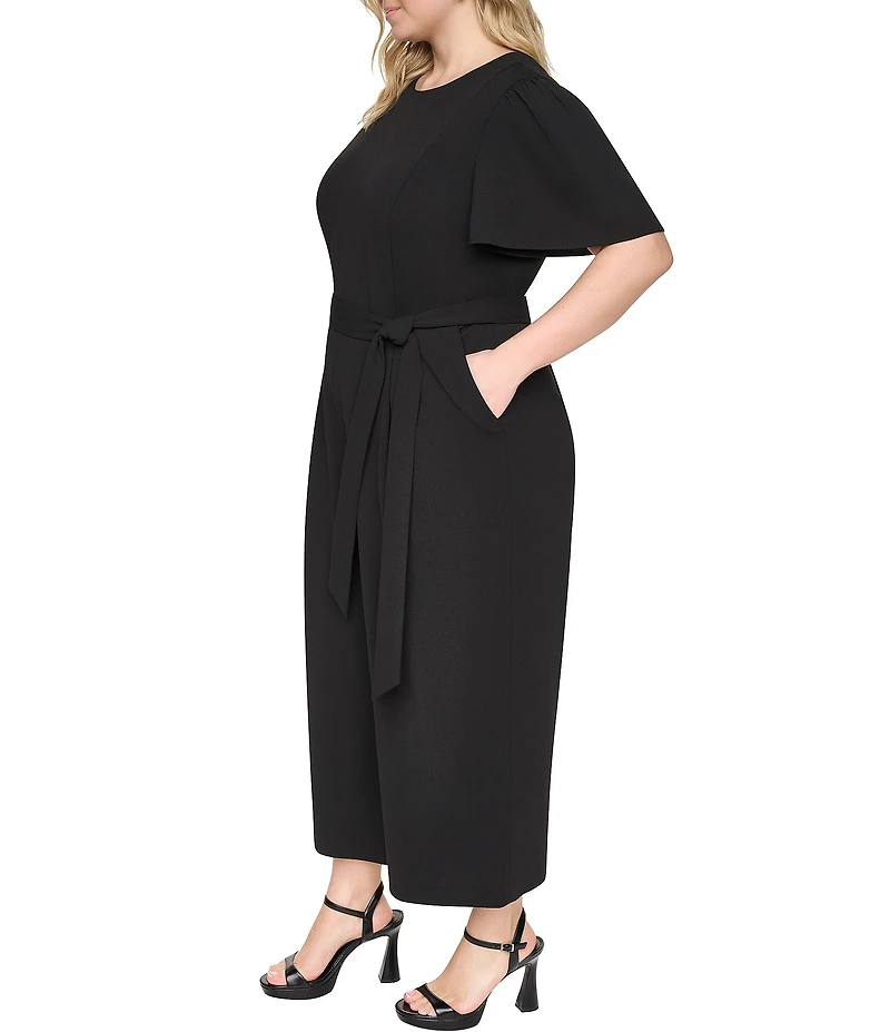 DKNY By Donna Karan Plus Size Scuba Crepe Short Flutter Sleeve Newel Neck Cropped Wide Leg Jumpsuit