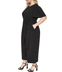 DKNY By Donna Karan Plus Size Scuba Crepe Short Flutter Sleeve Newel Neck Cropped Wide Leg Jumpsuit