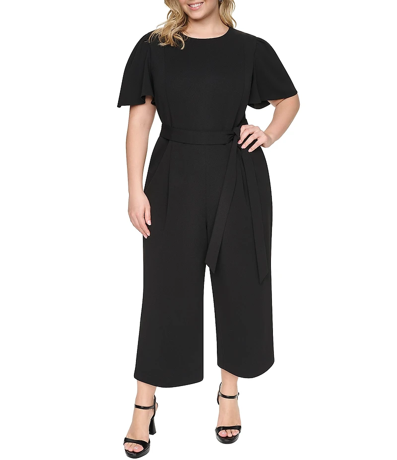 DKNY By Donna Karan Plus Size Scuba Crepe Short Flutter Sleeve Newel Neck Cropped Wide Leg Jumpsuit