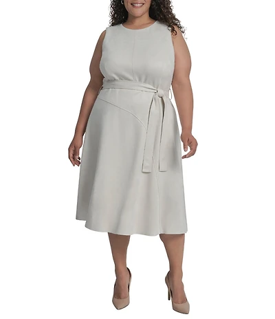 DKNY by Donna Karan Plus Size Scuba Faux Suede Belted Sleeveless Midi Dress
