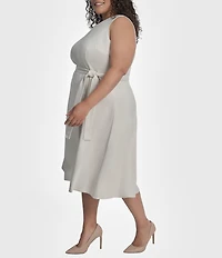 DKNY by Donna Karan Plus Size Scuba Faux Suede Belted Sleeveless Midi Dress
