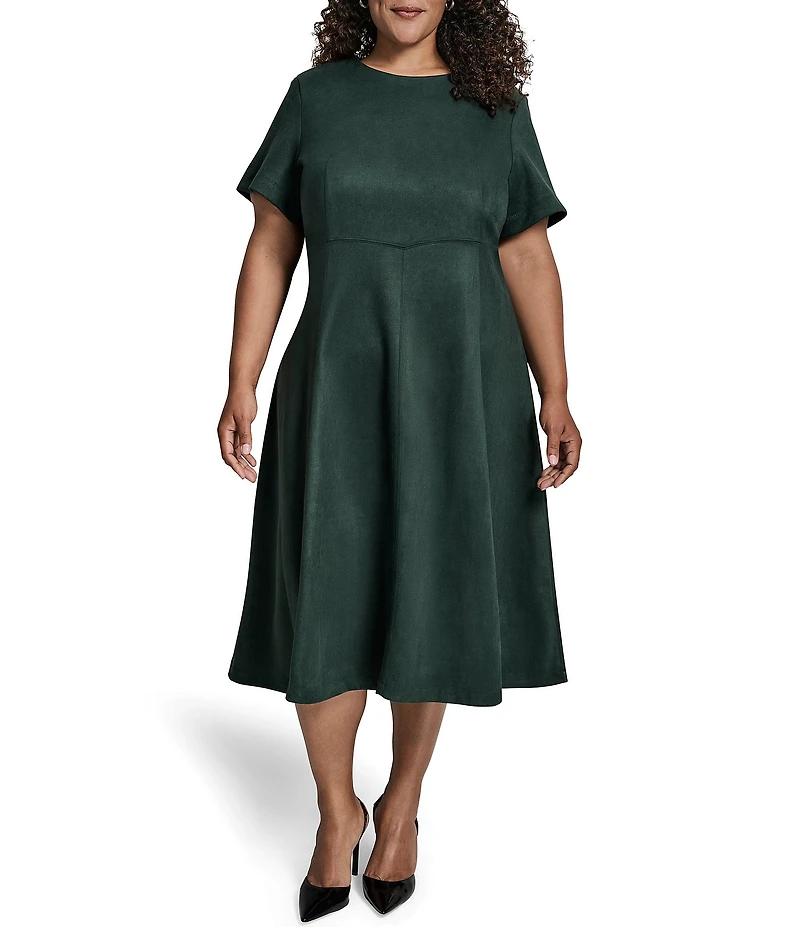DKNY by Donna Karan Plus Size Scuba Suede Round Neck Short Sleeve Fit And Flare Midi Dress