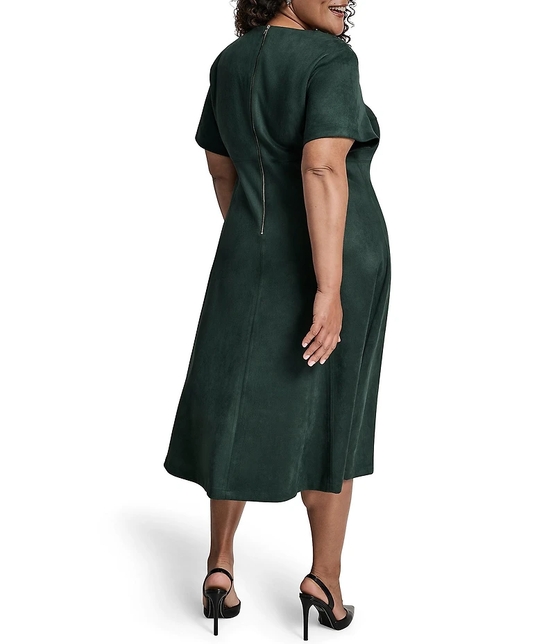 DKNY by Donna Karan Plus Size Scuba Suede Round Neck Short Sleeve Fit And Flare Midi Dress