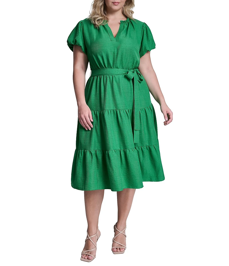 DKNY By Donna Karan Plus Size Short Bubble Sleeve V-Neck Belted Tiered Dress