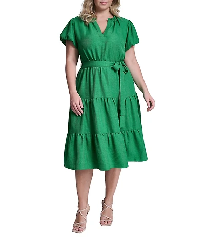DKNY By Donna Karan Plus Size Short Bubble Sleeve V-Neck Belted Tiered Dress