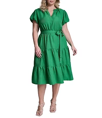 DKNY By Donna Karan Plus Size Short Bubble Sleeve V-Neck Belted Tiered Dress