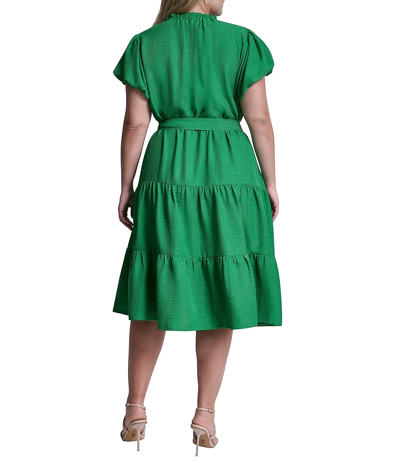DKNY By Donna Karan Plus Size Short Bubble Sleeve V-Neck Belted Tiered Dress