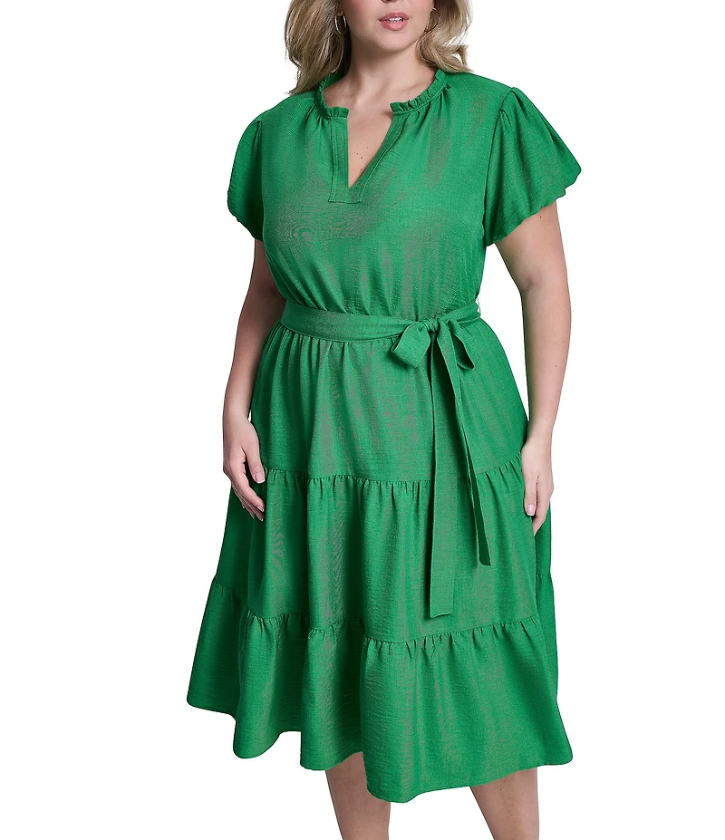 DKNY By Donna Karan Plus Size Short Bubble Sleeve V-Neck Belted Tiered Dress